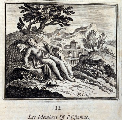 Členové a Žaludek. Bajky Jean de La Fontaine (1621-95). Ilustrace François Chauveau (1613-1676). Vydání z roku 1728. od Francois Chauveau