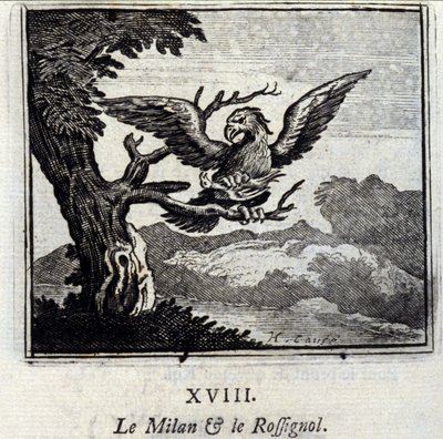 Milan a Slavík. Bajky Jean de La Fontaine (1621-95). Ilustrace Francois Chauveau (1613-1676). Vydání z roku 1728. od Francois Chauveau