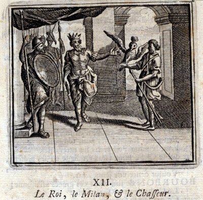 Milan král a lovec. Bajky Jean de La Fontaine (1621-95). Ilustrace François Chauveau (1613-1676). Vydání z roku 1728. od Francois Chauveau