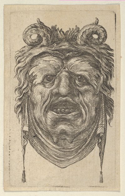 Satyrská maska se stočenými rohy, listovým obočím a látkou visící pod bradou, ca. 1635-45. od Francois Chauveau