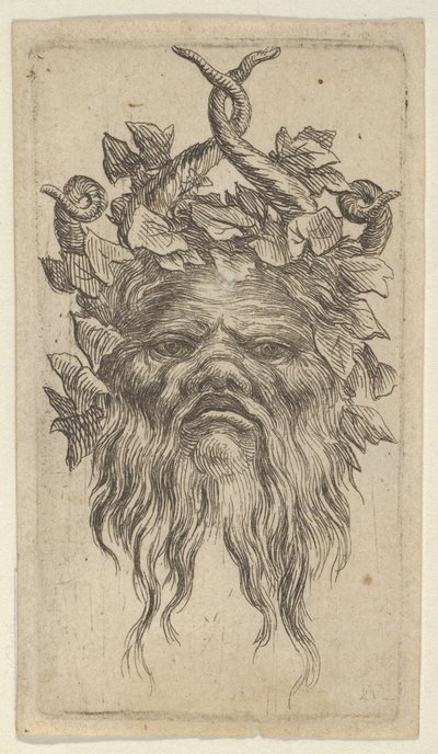 Satyrská maska se zahnutými rohy a břečťanovým věncem, od Divers Masques, ca. 1635-45. od Francois Chauveau