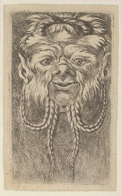Satyrská maska s překrývajícími se rohy a čtyřmi pletenými prameny vousů, od Divers Ma..., ca. 1635-45. od Francois Chauveau