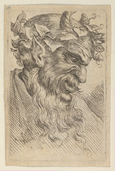 Satyrská maska s korunou břečťanu, obrácená doprava, od Divers Masques, ca. 1635-45. od Francois Chauveau