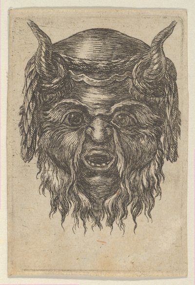 Satyrská maska s vavřínovým věncem přehozeným přes rohy, od Divers Masques, ca. 1635-45. od Francois Chauveau