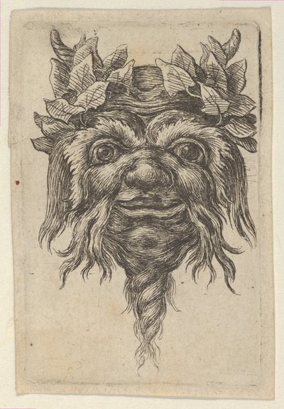 Satyrská maska se spirálovitým vousem a břečťanem seskupeným kolem každého rohu, od Divers..., ca. 1635-45. od Francois Chauveau