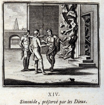 Simonides zachovali bohové. Bajky Jean de La Fontaine (1621-95). Ilustrace Francois Chauveau (1613-1676). Vydání z roku 1728. od Francois Chauveau
