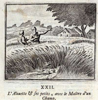 Alouette a jeho děti s mistrem pole. Bajky Jean de La Fontaine (1621-95). Ilustrace François Chauveau (1613-1676). Vydání z roku 1728. od Francois Chauveau