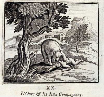 Medvěd a dva společníci. Bajky Jean de La Fontaine (1621-95). Ilustrace François Chauveau (1613-1676). Vydání z roku 1728. od Francois Chauveau