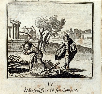 Spalovač a jeho Compere. Bajky Jean de La Fontaine (1621-95). Ilustrace Francois Chauveau (1613-1676). Vydání z roku 1728. od Francois Chauveau