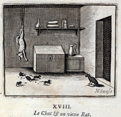 Kočka a stará krysa. Bajky Jean de La Fontaine (1621-95). Ilustrace Francois Chauveau (1613-1676). Vydání z roku 1728. od Francois Chauveau