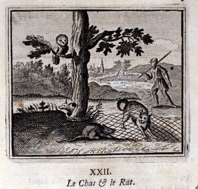 Kočka a krysa. Bajky Jean de La Fontaine (1621-95). Ilustrace Francois Chauveau (1613-1676). Vydání z roku 1728. od Francois Chauveau
