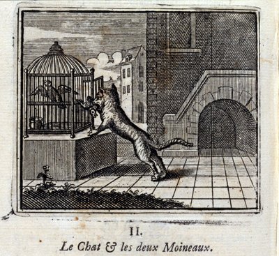 Kočka a dva vrabci. Bajky od Jeana de La Fontaine (1621-95). Ilustrace François Chauveau (1613-1676). Vydání z roku 1728. od Francois Chauveau