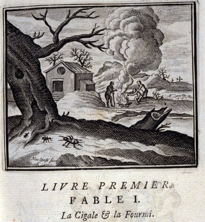 Cigale a mravenec. Bajky Jean de La Fontaine (1621-95). Ilustrace François Chauveau (1613-1676). Vydání z roku 1728. od Francois Chauveau