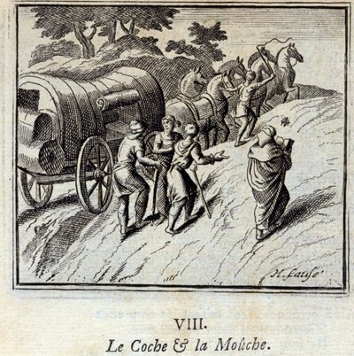 The Coche and the Fly. Bajky Jean de La Fontaine (1621-95). Ilustrace Francois Chauveau (1613-1676). Vydání z roku 1728. od Francois Chauveau