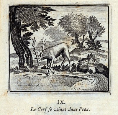 Jelen se vidí ve vodě. Bajky Jean de La Fontaine (1621-95). Ilustrace François Chauveau (1613-1676). Vydání z roku 1728. od Francois Chauveau