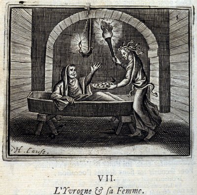 Opilec a jeho žena. Bajky od Jeana de La Fontaine (1621-95). Ilustrace François Chauveau (1613-1676). Vydání z roku 1728. od Francois Chauveau