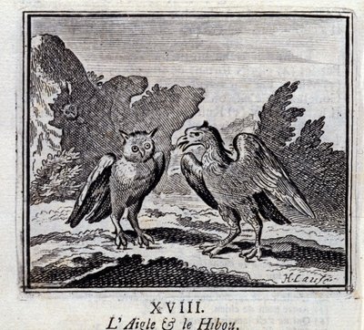 Orel a sova. Bajky Jean de La Fontaine (1621-95). Ilustrace François Chauveau (1613-1676). Vydání z roku 1728. od Francois Chauveau