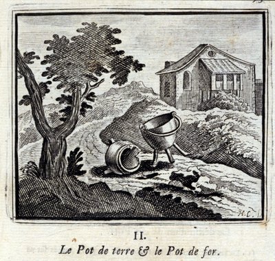 Zemní hrnec a Železný hrnec. Bajky Jean de La Fontaine (1621-95). Ilustrace François Chauveau (1613-1676). Vydání z roku 1728. od Francois Chauveau