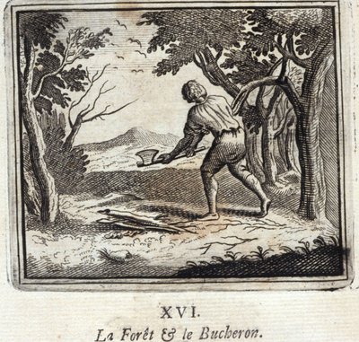 Les a dřevorubec. Bajky Jean de La Fontaine (1621-95). Ilustrace François Chauveau (1613-1676). Vydání z roku 1728. od Francois Chauveau