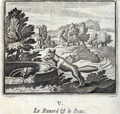 Liška a Bouc. Bajky Jean de La Fontaine (1621-95). Ilustrace François Chauveau (1613-1676). Vydání z roku 1728. od Francois Chauveau