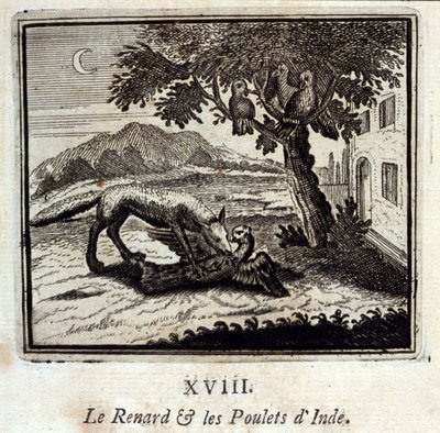 Liška a kuřata v Indii. Bajky Jeana de La Fontaine (1621-95). Ilustrace François Chauveau (1613-1676). Vydání z roku 1728. od Francois Chauveau