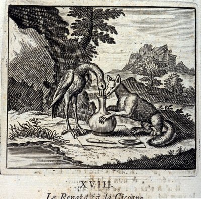 Liška a čáp. Bajky Jean de La Fontaine (1621-95). Ilustrace Francois Chauveau (1613-1676). Vydání z roku 1728. od Francois Chauveau