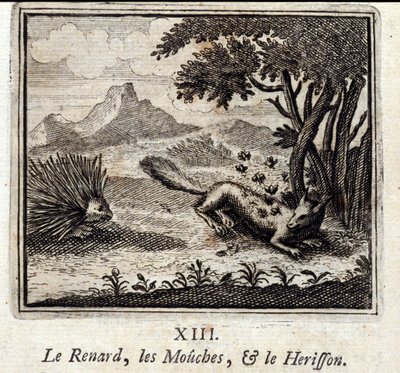 Liška, mouchy a Herisson. Bajky Jean de La Fontaine (1621-95). Ilustrace François Chauveau (1613-1676). Vydání z roku 1728. od Francois Chauveau