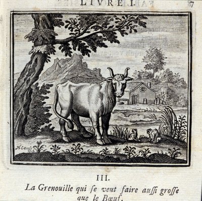 Žába, která chce být velká jako hovězí. Bajky Jean de La Fontaine (1621-95). Ilustrace François Chauveau (1613-1676). Vydání z roku 1728. od Francois Chauveau