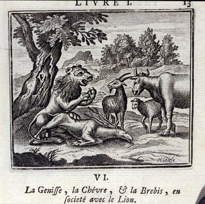 Genisse Gove a ovce ve společnosti se lvem. Bajky Jean de La Fontaine (1621-95). Ilustrace François Chauveau (1613-1676). Vydání z roku 1728. od Francois Chauveau