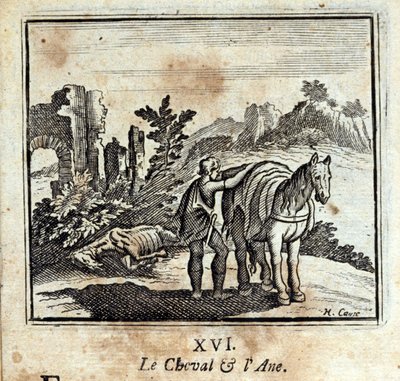 Kůň a osel. Bajky Jean de La Fontaine (1621-95). Ilustrace François Chauveau (1613-1676). Vydání z roku 1728. od Francois Chauveau