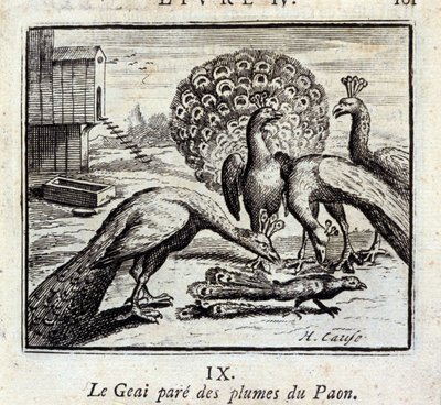 Sojka zdobí paví pera. Bajky Jean de La Fontaine (1621-95). Ilustrace François Chauveau (1613-1676). Vydání z roku 1728. od Francois Chauveau