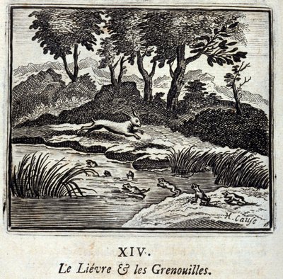 Lievre a žáby. Bajky Jean de La Fontaine (1621-95). Ilustrace François Chauveau (1613-1676). Vydání z roku 1728. od Francois Chauveau