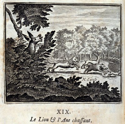 Lov lva a osla. Bajky Jean de La Fontaine (1621-95). Ilustrace François Chauveau (1613-1676). Vydání z roku 1728. od Francois Chauveau