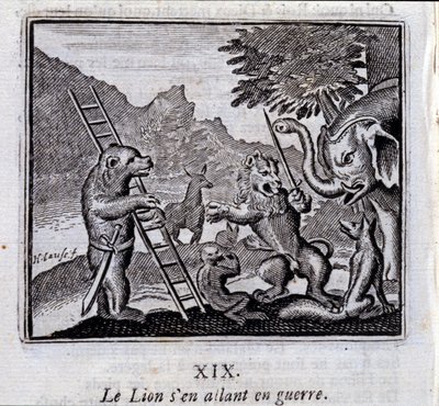 Lev jde do války. Bajky Jean de La Fontaine (1621-95). Ilustrace Francois Chauveau (1613-1676). Vydání z roku 1728. od Francois Chauveau