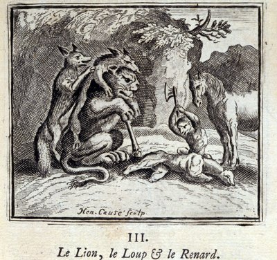 Lev, vlk a liška. Bajky Jean de La Fontaine (1621-95). Ilustrace François Chauveau (1613-1676). Vydání z roku 1728. od Francois Chauveau