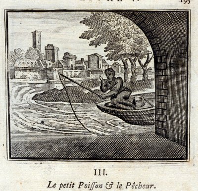 Rybička a rybář. Bajky Jean de La Fontaine (1621-95). Ilustrace François Chauveau (1613-1676). Vydání z roku 1728. od Francois Chauveau