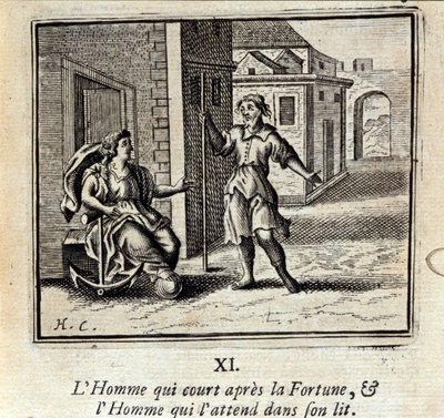 Muž, který běží za Štěstěnou, a Muž, který na něj čeká v posteli. Bajky od Jeana de La Fontaine (1621-95). Ilustrace François Chauveau (1613-1676). Vydání z roku 1728. od Francois Chauveau
