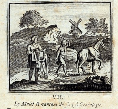 Mullet se chlubí svou genealogií. Bajky Jean de La Fontaine (1621-95). Ilustrace François Chauveau (1613-1676). Vydání z roku 1728. od Francois Chauveau