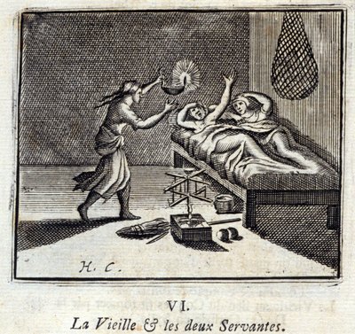 Stará dáma a dva sluhové. Bajky Jean de La Fontaine (1621-95). Ilustrace François Chauveau (1613-1676). Vydání z roku 1728. od Francois Chauveau