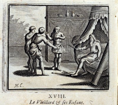 Stařec a jeho děti. Bajky Jean de La Fontaine (1621-95). Ilustrace François Chauveau (1613-1676). Vydání z roku 1728. od Francois Chauveau