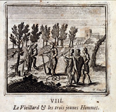 Stařec a tři mladí muži. Bajky Jean de La Fontaine (1621-95). Ilustrace François Chauveau (1613-1676). Vydání z roku 1728. od Francois Chauveau