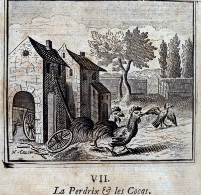 Koroptev a kohouti. Bajky Jean de La Fontaine (1621-95). Ilustrace François Chauveau (1613-1676). Vydání z roku 1728. od Francois Chauveau