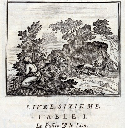 Patra a lev. Bajky Jean de La Fontaine (1621-95). Ilustrace François Chauveau (1613-1676). Vydání z roku 1728. od Francois Chauveau