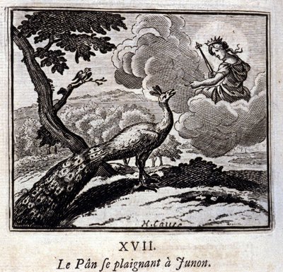 Páv si stěžuje Junonovi. Bajky by Jean de La Fontaine (1621-95). Ilustrace François Chauveau (1613-1676). Vydání z roku 1728. od Francois Chauveau