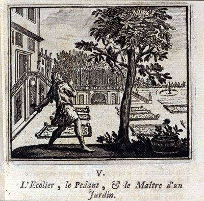 Pedantská škola a Mistr zahrady. Bajky Jean de La Fontaine (1621-95). Ilustrace François Chauveau (1613-1676). Vydání z roku 1728. od Francois Chauveau