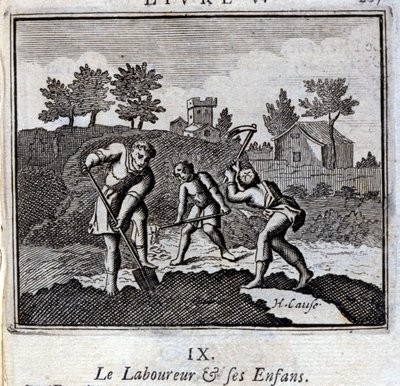 Ploureur a jeho děti. Bajky Jean de La Fontaine (1621-95). Ilustrace Francois Chauveau (1613-1676). Vydání z roku 1728. od Francois Chauveau
