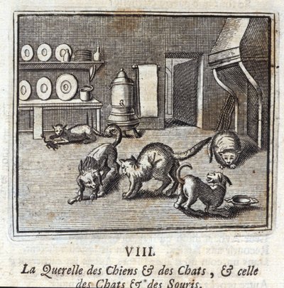 Querelle psů a koček a koček a myší. Bajky Jean de La Fontaine (1621-95). Ilustrace François Chauveau (1613-1676). Vydání z roku 1728. od Francois Chauveau