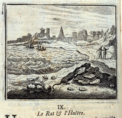 Krysa a Oyer. Bajky Jean de La Fontaine (1621-95). Ilustrace Francois Chauveau (1613-1676). Vydání z roku 1728. od Francois Chauveau