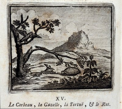 Havran, Gazela, Želva a Krysa. Bajky Jean de La Fontaine (1621-95). Ilustrace François Chauveau (1613-1676). Vydání z roku 1728. od Francois Chauveau