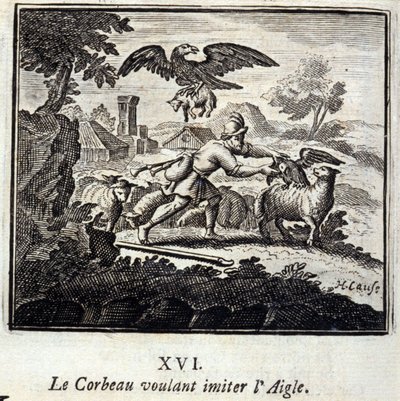 Havran chce napodobit Orla. Bajky Jean de La Fontaine (1621-95). Ilustrace François Chauveau (1613-1676). Vydání z roku 1728. od Francois Chauveau